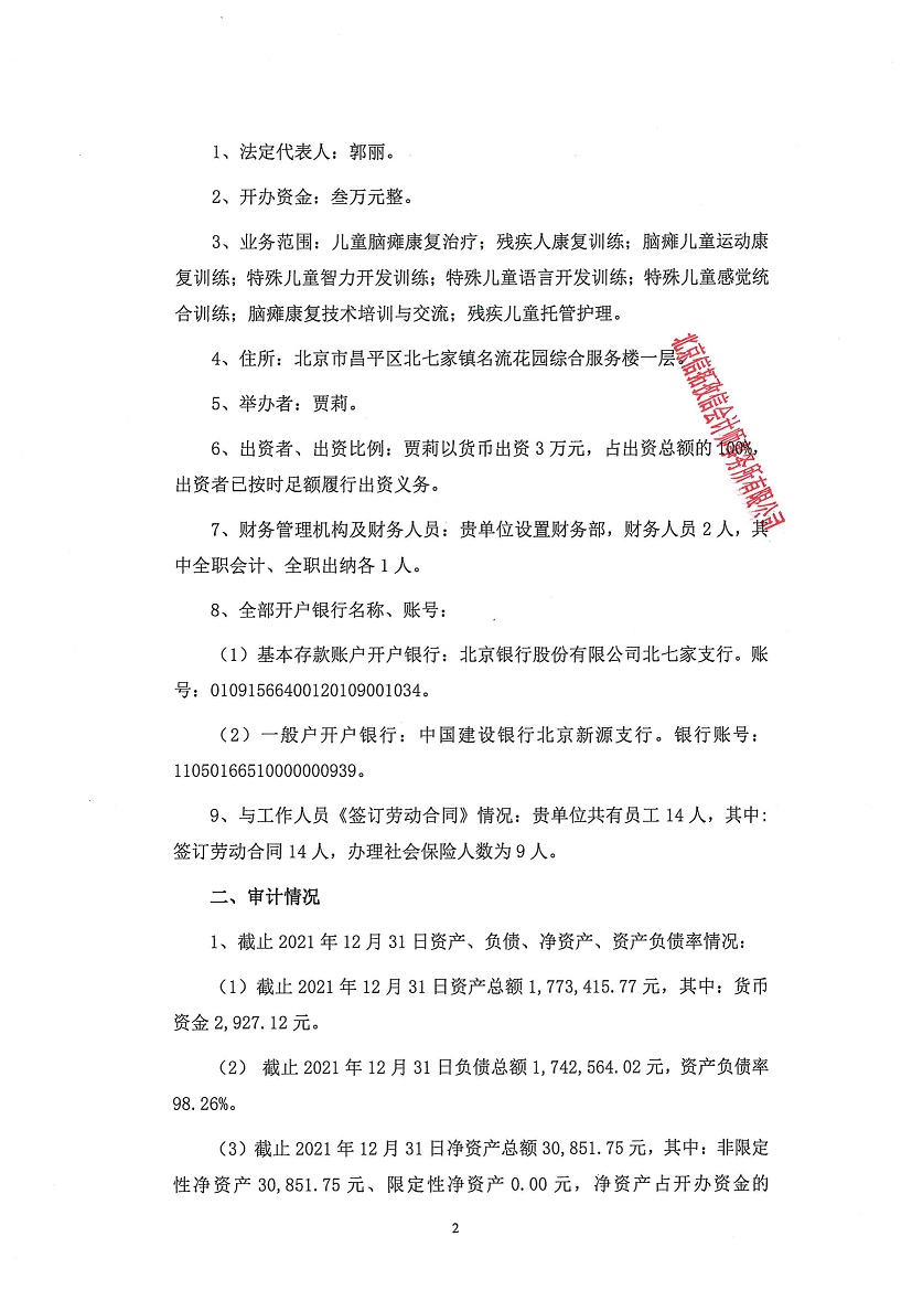 北京市昌平区阳光鹿童康复中心-审计报告公示