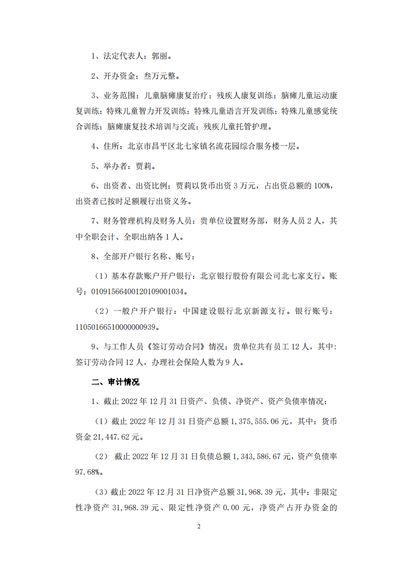 北京市昌平区阳光鹿童康复中心2022年审计报告公示